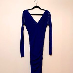 Stunning, sexy Fuzzi ruched long-sleeved bodycon dress, dark blue, size 16